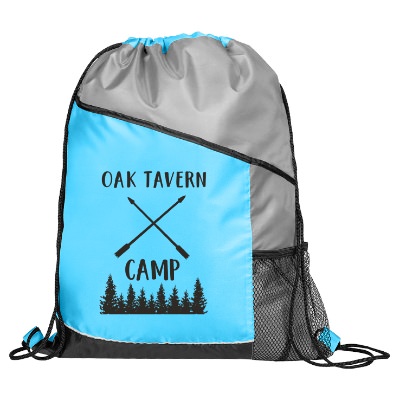 Light blue drawstring bag with gray accents and custom logo.