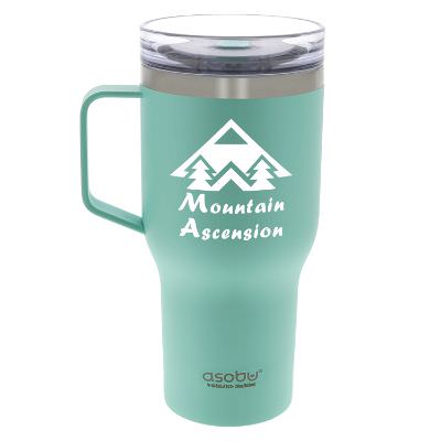 Teal tumbler with custom logo.