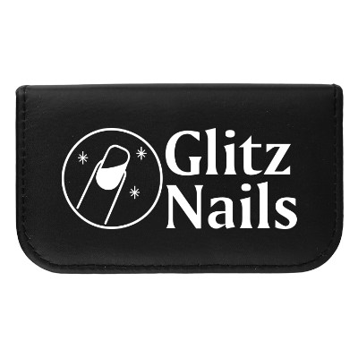 Black leather sewing kit with a branded logo.