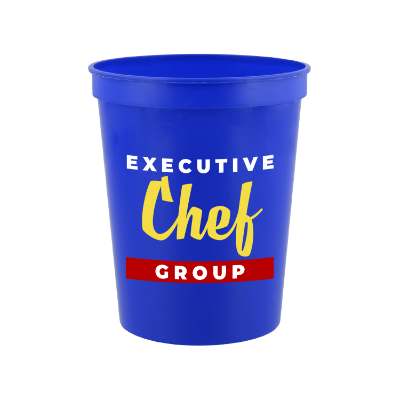 Plastic blue stadium cup with custom full-color imprint in 16 ounces.