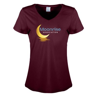 Custom full color logo on athletic maroon ladies tee.