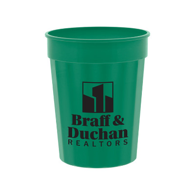 Plastic green stadium cup with custom logo in 16 oz.