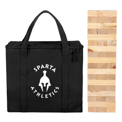 Black polyester and wood outdoor game with a branded logo.