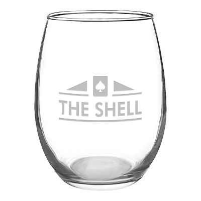 Clear wine glass with engraved logo.