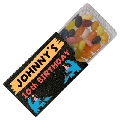 White plastic candy with a custom logo.