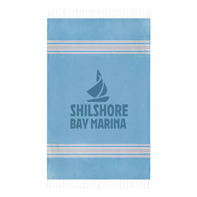 Blue beach towel with custom imprint.