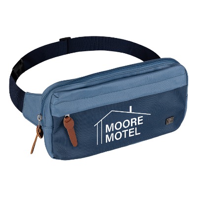 Customized blue fanny pack with white imprint.