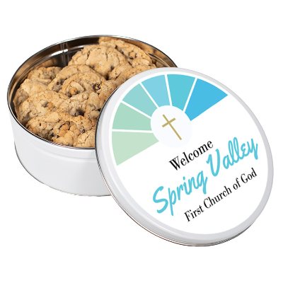 Full color white oatmeal raisin cookie tin imprinted.