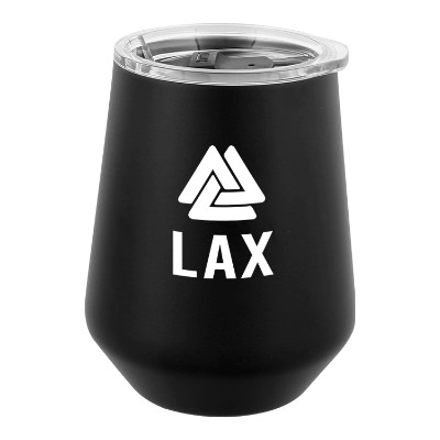 Black branded wine glass with custom logo.