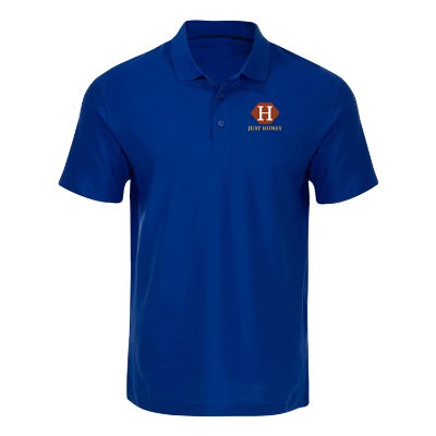 Royal blue men's polo with custom full color logo.