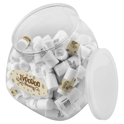 Clear plastic tub with white lip balm with a custom imprint.