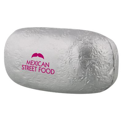 Foam foil wrapped food stress ball with a custom imprinted promo.