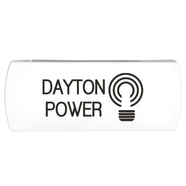 Plastic white bandage dispenser with a customized logo.