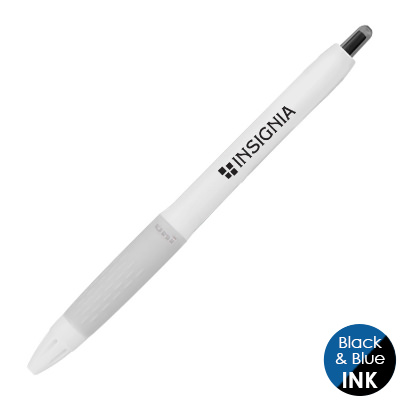 White plastic pen with a customized logo.