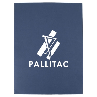 Blue paper folder with a custom imprint.