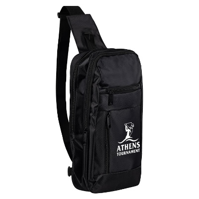 Black zippered sling bag with custom imprint.