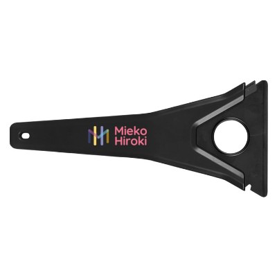 Plastic tri-blade black windshield scraper with full-color custom lgo.