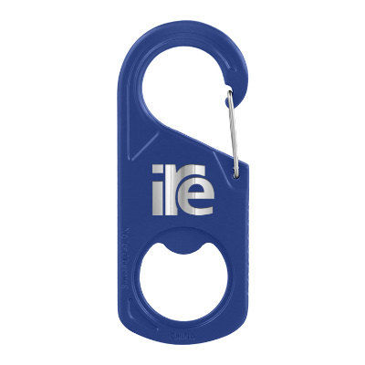 Blue zinc alloy carabiner with custom imprint.