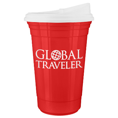 Plastic tumbler with custom branding in 16 ounces.