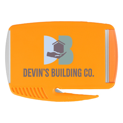 Orange plastic letter opener with a custom logo.