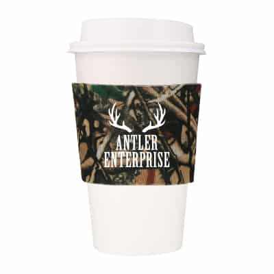 Foam camo coffee sleeve with logo.