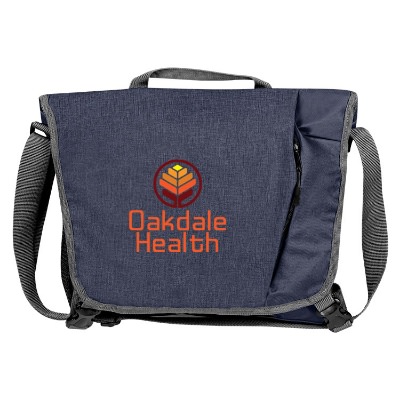 Blue messenger bag with zipper and custom full-color logo.