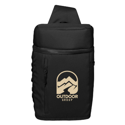 Black polyester cooler with a branded logo.