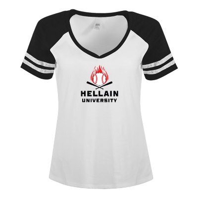 Custom white with black women's tee with full color logo.