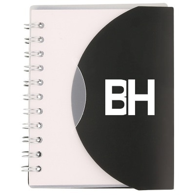Polypropylene frosted black mini fold over notebook with imprinting.