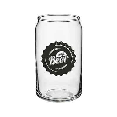 Glass clear beer glass with custom imprint in 16 ounces.