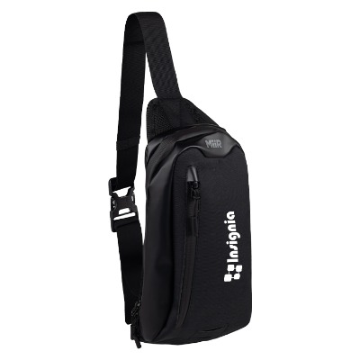Black zippered sling bag with custom logo.