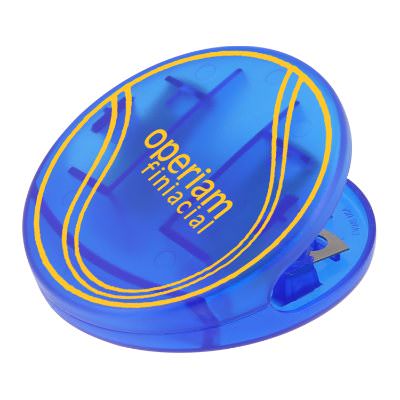 Plastic translucent blue tennis ball chip clip with imprint.