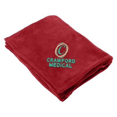 Black embroidered plush polyester blanket.