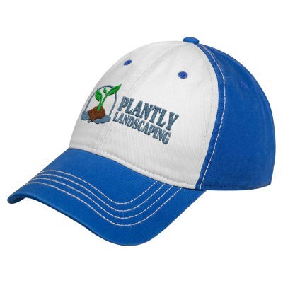 White and blue embroidered custom golf cap.