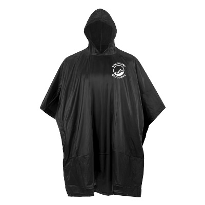 Black poncho with custom logo.