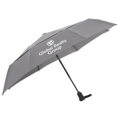 Gray shed rain vortex folding umbrella with personalized logo.