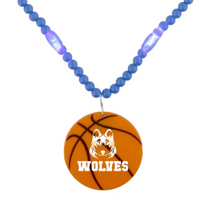 Blue plastic medallion with a branded logo.
