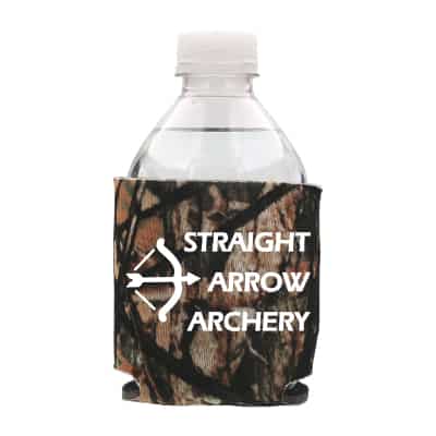 Foam camo mini water bottle cooler with custom print.