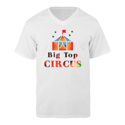 White personalized v neck full color shirt.