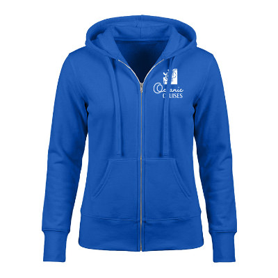 Royal blue customized zip up hooded sweatshirt.