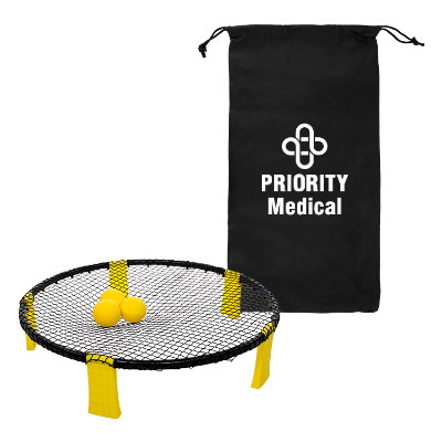 Black polyester outdoor game with a custom logo.
