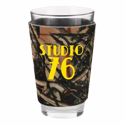 Foam true life camo pint glass sleeve cooler with custom branding.