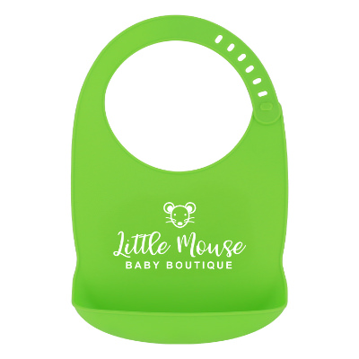 Green baby bib with custom logo.
