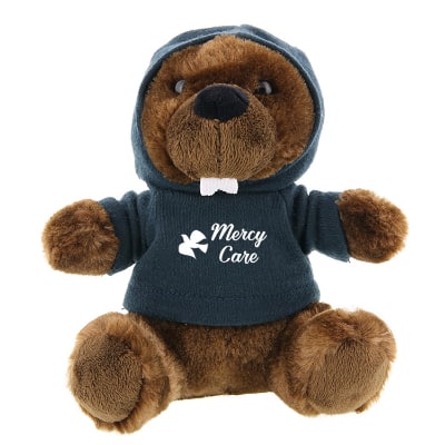Plush and cotton beaver with navy hoodie with custom logo.