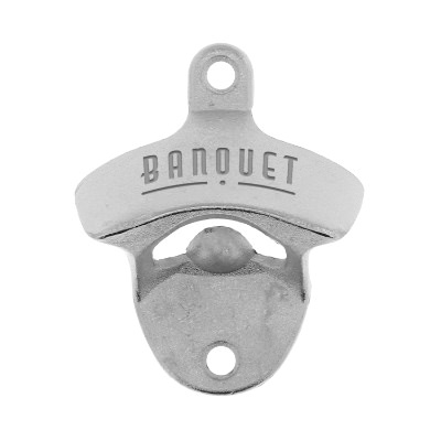 Zinc silver wall mount bottle opener with laser engraved custom imprint.