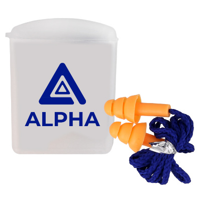 Orange plastic earplugs with a personalized logo.
