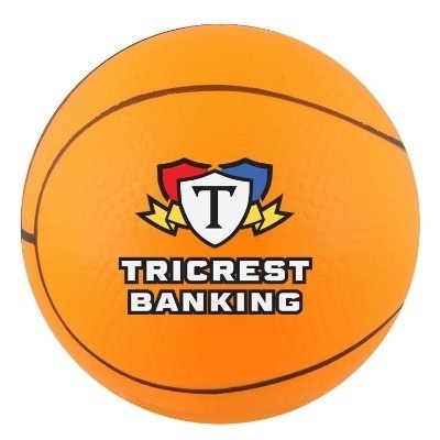 Orange foam stress ball with a custom logo.