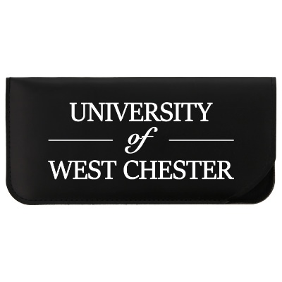 Black vinyl slip glasses case with one-color customized imprint.