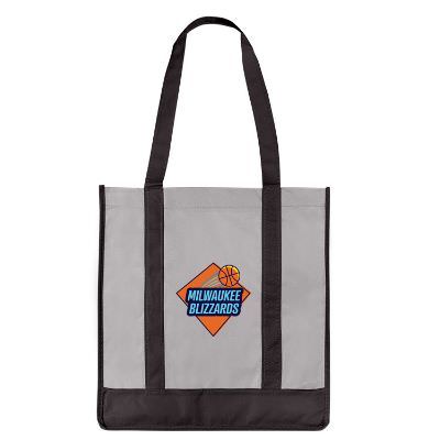 Polyproyplene tan and ivory tote with full-color custom logo and matching bottom insert.