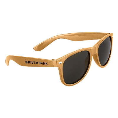 Gold plastic sunglasses with a personalized logo.
